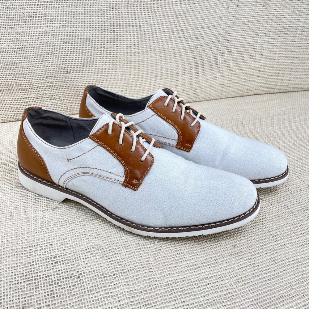 Madden Men's Dress Shoes Size 11 White‎ Linen Tan Leather Trim Lace Up